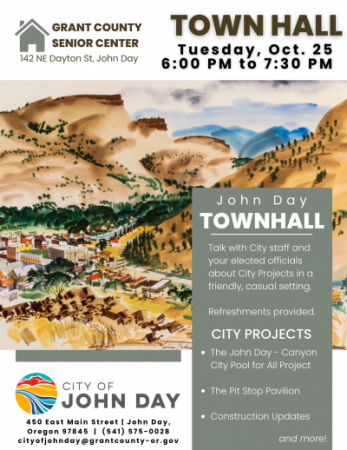 Town Hall flyer sharing the same information as is in the page, featuring a historic watercolor of the town of John Day